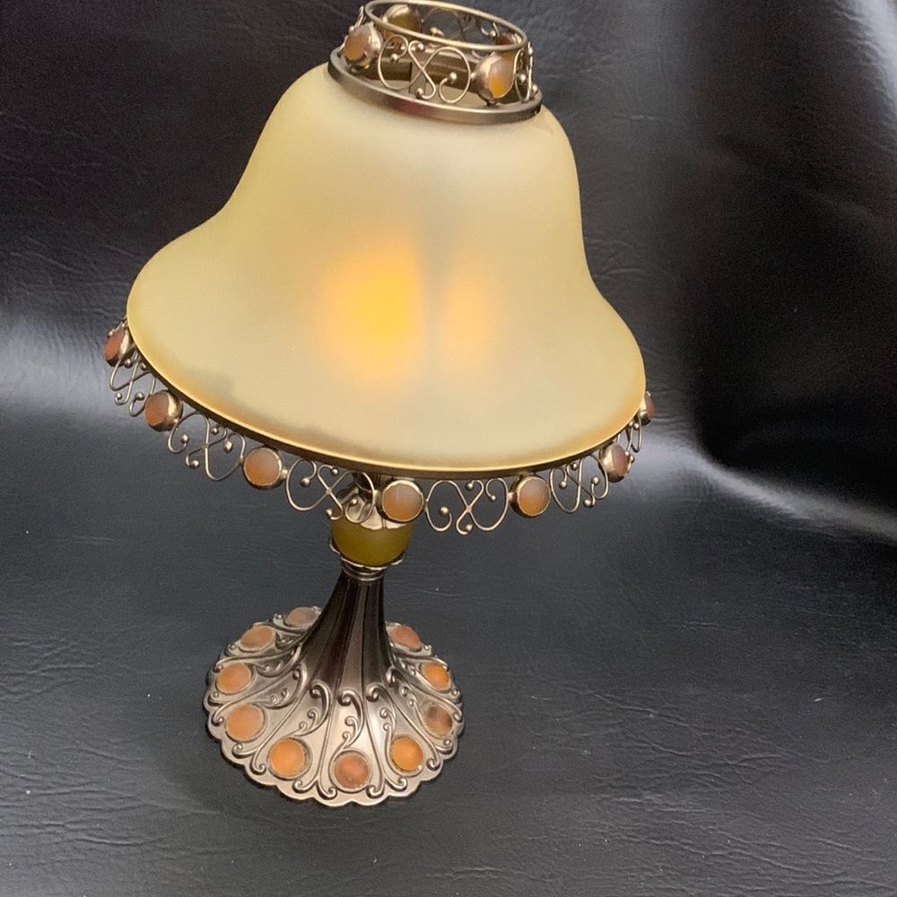 Party Light Votive Holder With Shade Gold Brass Amber Stones 12 1/2 Inches Tall - Picture 1 of 10